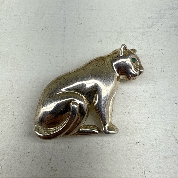 VTG Sterling Silver Emerald Eye Lion Panther Leopard Jaguar Kitty Cat Brooch Pin - Picture 2 of 6